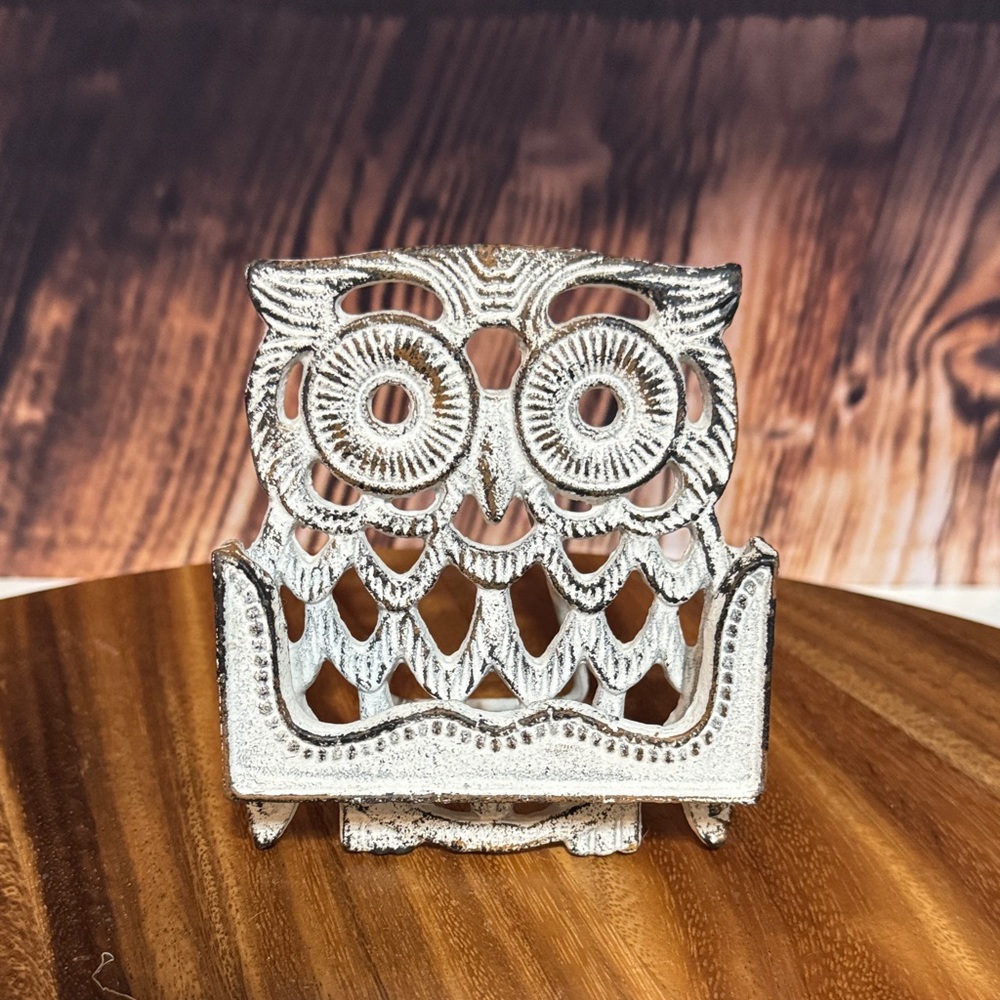 Intricate distressed, white Owl business card holder for Home Office